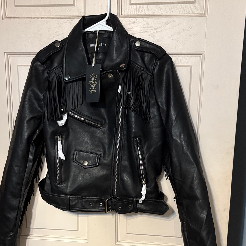 NWT Bellivera Black Faux Leather Fringe Jacket